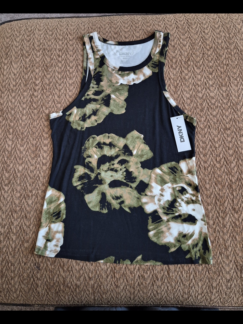 DKNY Black Tank Top with Olive & Cream Floral Print